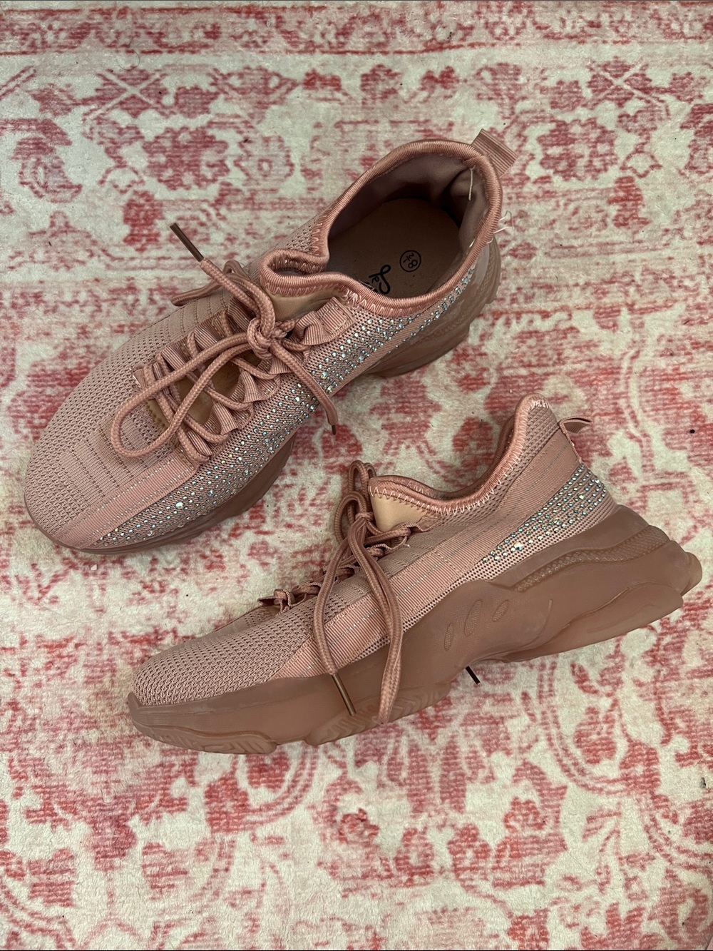 Women's Dusty Pink Knit Lace-Up Sneakers with Crystal Trim